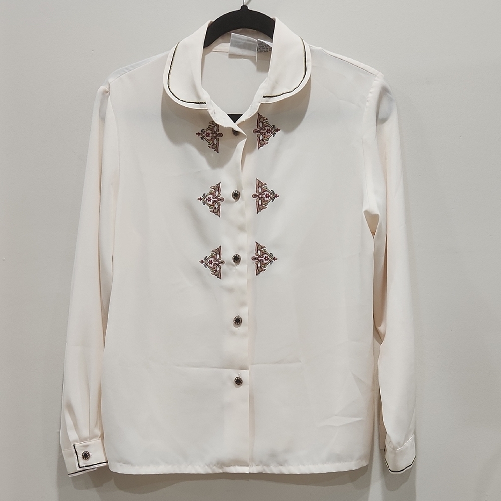 Koret Cream Button-Down Blouse with Burgundy Embroidery Size 8P